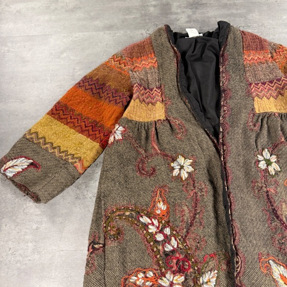 Soft Surroundings Wool Coat M Lagenlook Orange Paisley Floral Embroidered Boho - Picture 9 of 10